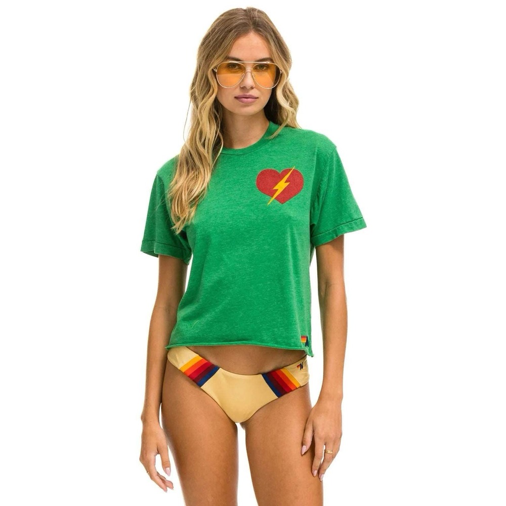 Aviator Nation Rare Bolt Heart Boyfriend Crop Tee Shirt Kelly Green M Made USA